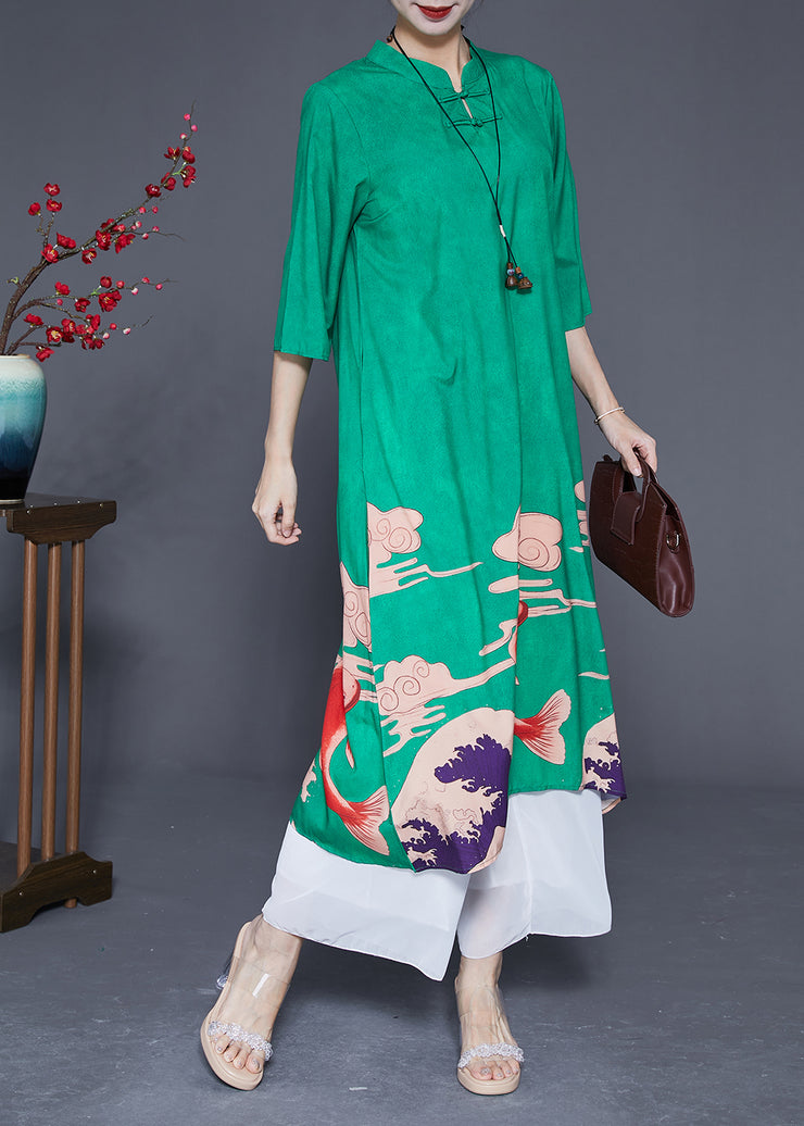 Slim Fit Green Mandarin Collar Chinese Button Print Silk Dresses Summer
