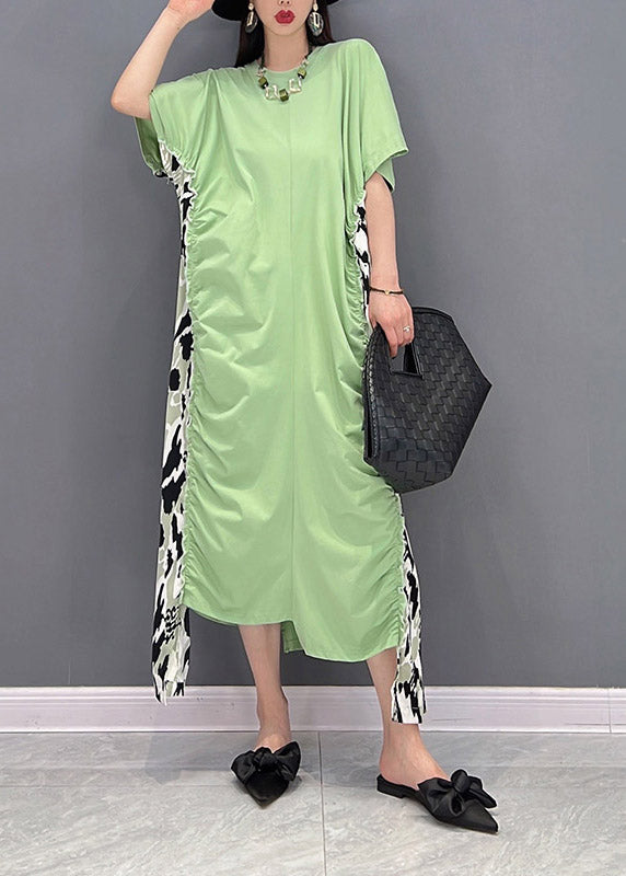 Slim Fit Green O-Neck Asymmetrical Patchwork Wrinkled Chiffon Dress Short Sleeve