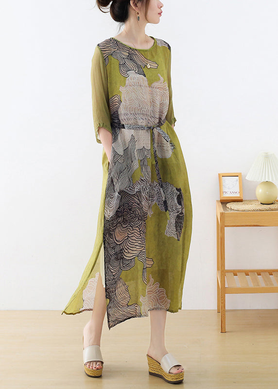 Slim Fit Green O-Neck Side Open Tunic Print Linen Party Dress Half Sleeve