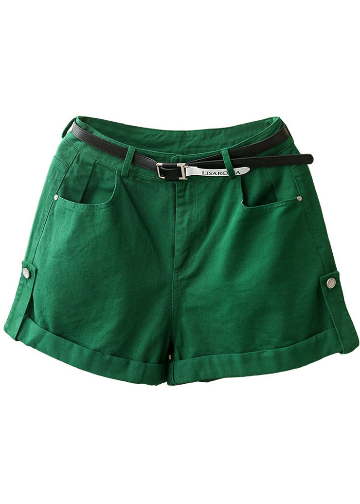 Slim Fit Green Solid Color High Waist Pockets Sashes Cotton Shorts Summer