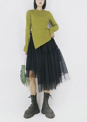 Slim Fit, grün, einfarbig, O-Ausschnitt, asymmetrisches Design, Baumwolloberteil mit langen Ärmeln
