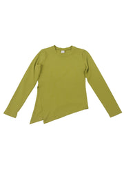 Slim Fit Green Solid Color O-Neck Asymmetrical Design Cotton Top Long Sleeve