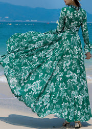 Slim Fit Green Turtleneck Print Chiffon Long Beach A Line Dresses Spring