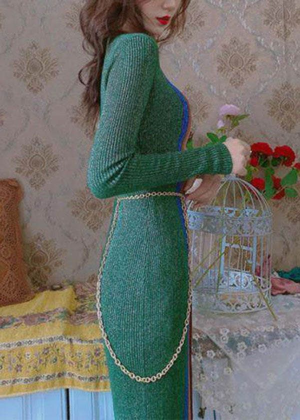 Slim Fit Green V Neck Patchwork Wraped Knitted Dress Long Sleeve