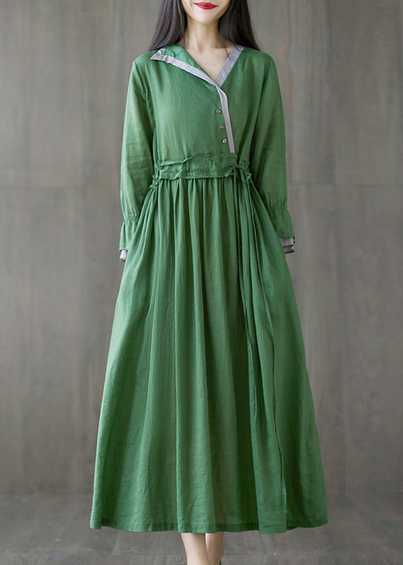 Slim Fit Grün V-Ausschnitt Krawatte Taille Asymmetrisches langes Kleid mit langen Ärmeln