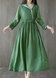 Slim Fit Grün V-Ausschnitt Krawatte Taille Asymmetrisches langes Kleid mit langen Ärmeln