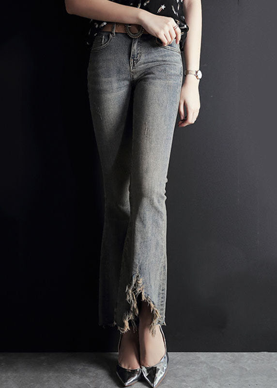 Slim Fit Grau Hohe Taille Asymmetrisches Design Taschen Baumwolle Schlaghose Sommer