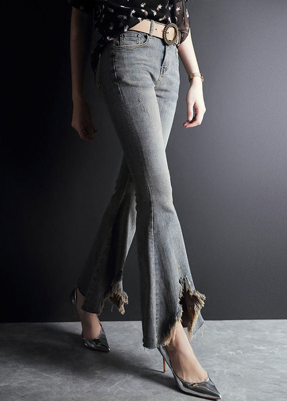 Slim Fit Grey High Waist Asymmetrical Design Pockets Cotton Flare Pants Summer