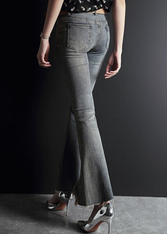 Slim Fit Grau Hohe Taille Asymmetrisches Design Taschen Baumwolle Schlaghose Sommer