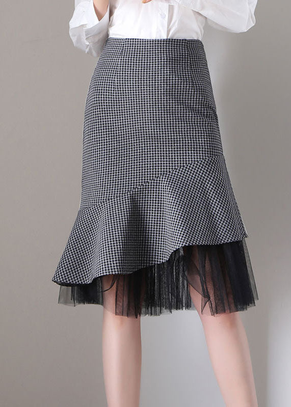 Slim Fit Grey Plaid Ruffles Patchwork Tulle Woolen Wraped Skirt Spring
