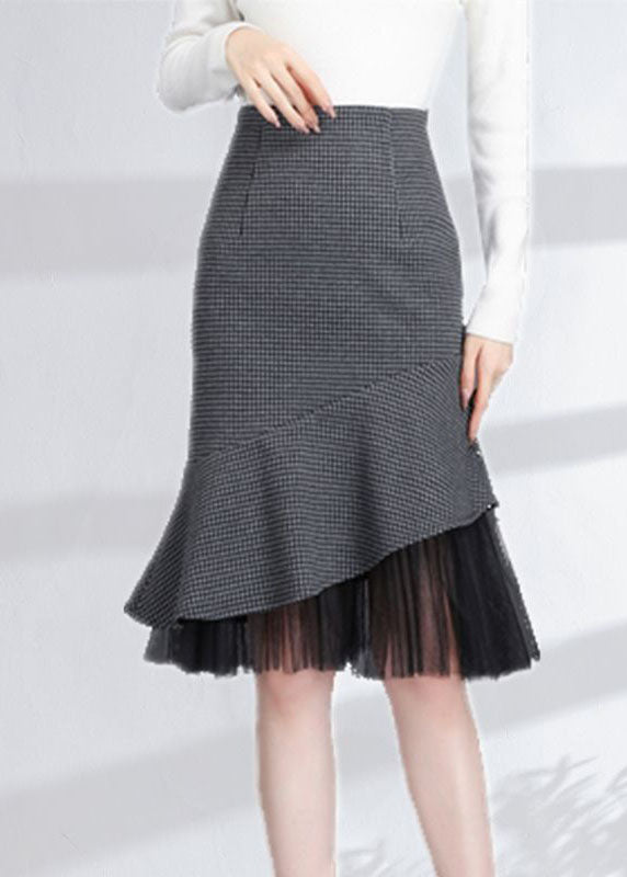 Slim Fit Grey Plaid Ruffles Patchwork Tulle Woolen Wraped Skirt Spring