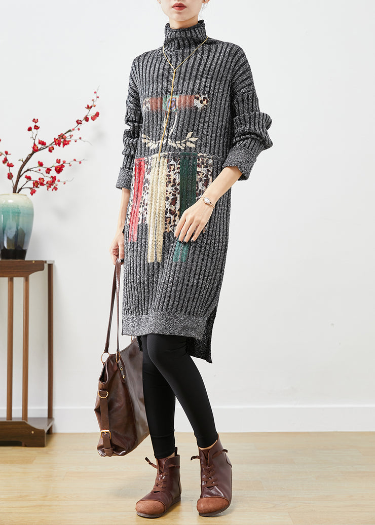Slim Fit Grey Turtle Neck Print Knit Sweater Dress Fall