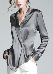 Slim Fit Grey V Neck Button Solid Silk Shirt Long Sleeve