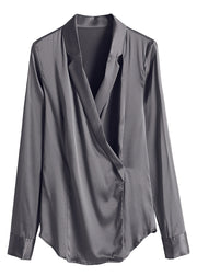 Slim Fit Grey V Neck Button Solid Silk Shirt Long Sleeve