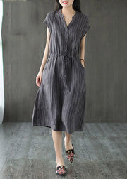 Slim Fit Grey V Neck Button drawstring Striped Linen Dresses Short Sleeve
