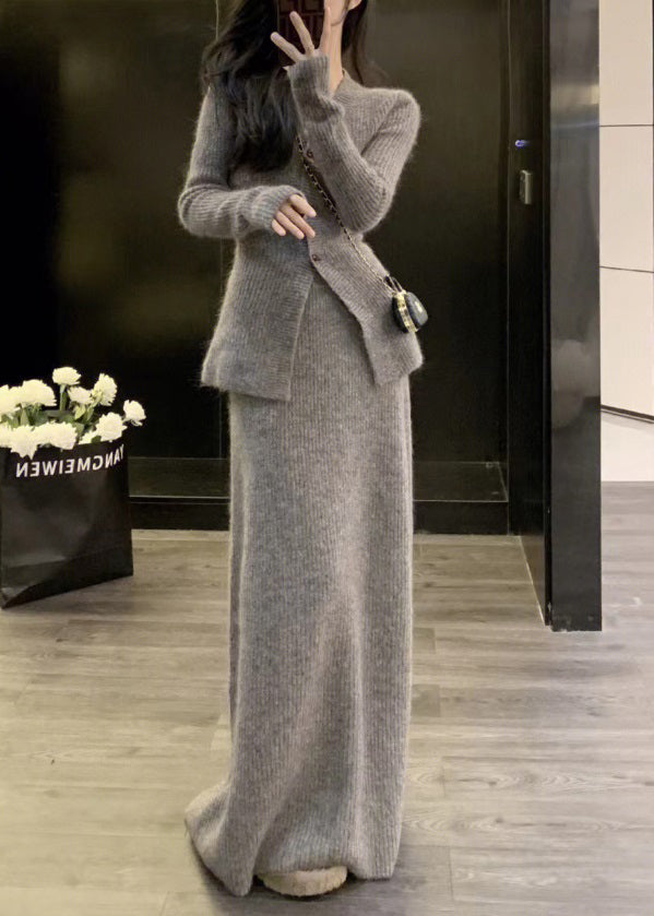 Slim Fit Grey V Neck Patchwork Knit Two Piece Set Women Clothing Fall