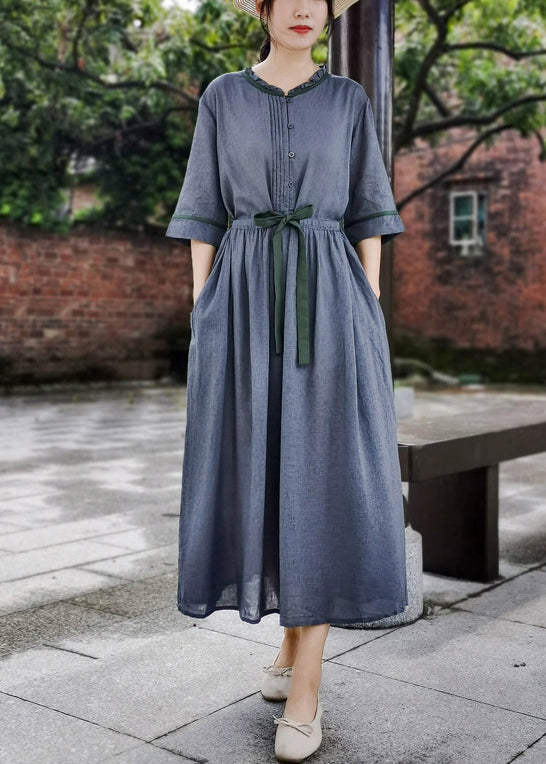 Slim Fit Grey Wrinkled Bow Ruffled Linen Vacation Dresses Half Sleeve