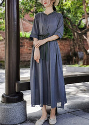Slim Fit Grey Wrinkled Bow Ruffled Linen Vacation Dresses Half Sleeve