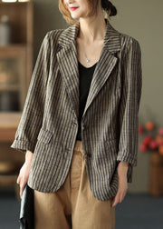 Slim Fit Khaki Notched Collar Button Pockets Striped Cotton Linen Coats Long Sleeve