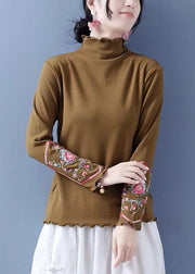 Slim Fit Khaki Ruffled Embroidered Cotton Blouses Spring