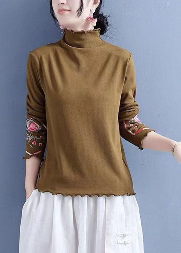 Slim Fit Khaki Ruffled Embroidered Cotton Blouses Spring