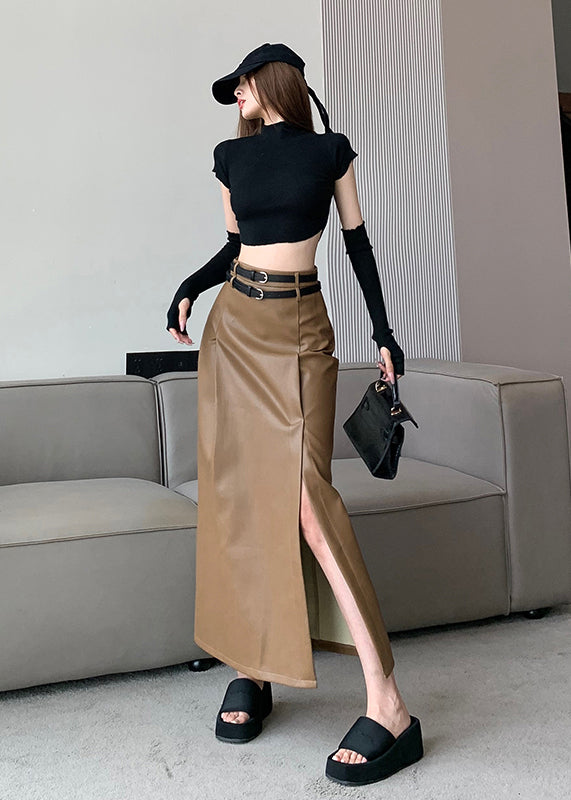 Slim Fit Khaki Side Open High Waist Faux Leather Skirt Spring
