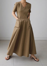 Slim Fit Khaki V-Ausschnitt Taschen Baumwolle langes Kleid mit kurzen Ärmeln