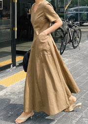 Slim Fit Khaki V-Ausschnitt Taschen Baumwolle langes Kleid mit kurzen Ärmeln