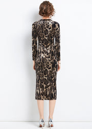 Slim Fit Leopard Print Side Open Wraped Silk Velour Dress Fall