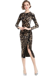 Slim Fit Leopard Print Side Open Wraped Silk Velour Dress Fall
