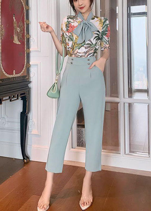 Slim Fit Light Blue Bow Collar Print Draping Chiffon Two Pieces Set Summer