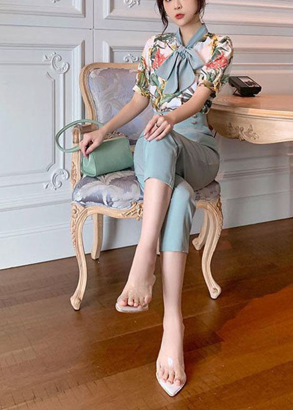 Slim Fit Light Blue Bow Collar Print Draping Chiffon Two Pieces Set Summer