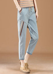 Slim Fit Light Blue Elastic Waist Drawstring Pockets Patchwork Cotton Crop Pants Summer
