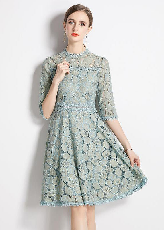 Slim Fit Light Blue Embroideried Patchwork Lace Dress Half Sleeve