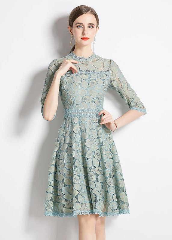 Slim Fit Light Blue Embroideried Patchwork Lace Dress Half Sleeve