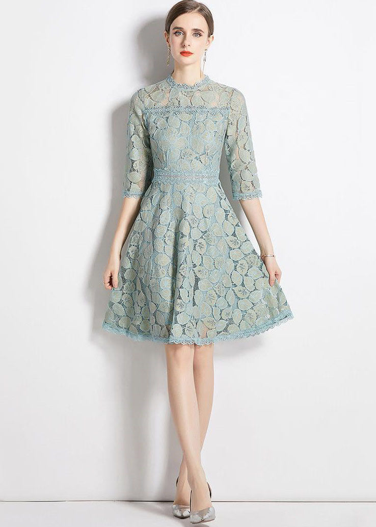 Slim Fit Light Blue Embroidered Patchwork Lace Dress Half Sleeve