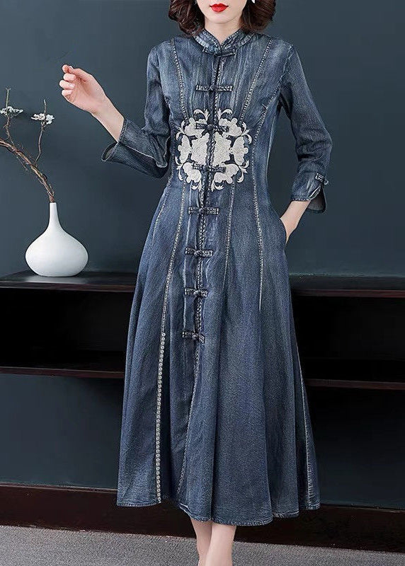 Slim Fit Navy Stand Collar Embroidered Cotton Denim Dress Long Sleeve