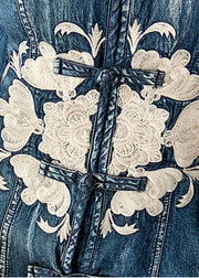 Schmal geschnittenes Marine-Stehkragen-Kleid mit langen Ärmeln aus besticktem Baumwoll-Denim