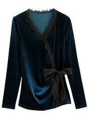Slim Fit Navy V Neck Lace Patchwork Bow Velour Top Long Sleeve