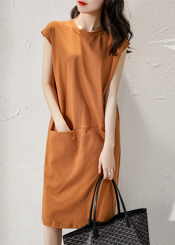 Slim Fit Orange O-Ausschnitt Taschen Langes Kleid Kurzarm