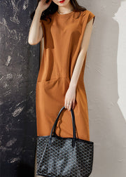 Slim Fit Orange O-Ausschnitt Taschen Langes Kleid Kurzarm