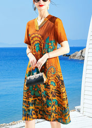 Slim Fit Orange V Neck Print Silk Mid Dresses Short Sleeve
