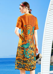Slim Fit Orange V Neck Print Silk Mid Dresses Short Sleeve