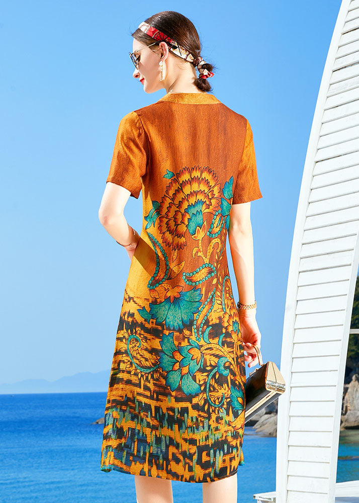 Slim Fit Orange V-Ausschnitt Print Seide Mid Kleider Kurzarm