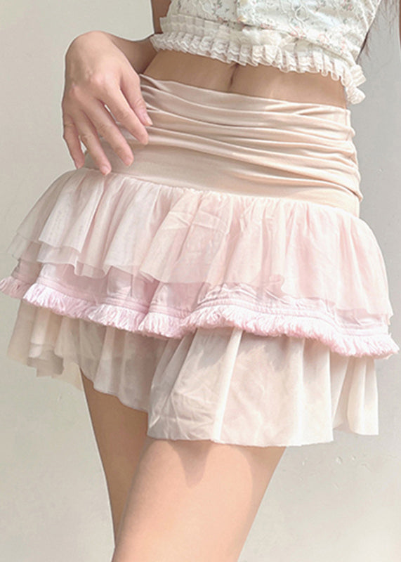 Slim Fit Pink Ruffled High Waist Patchwork Tulle Skirt Summer