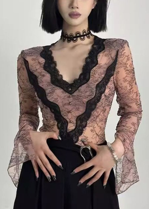 Slim Fit Pink V Neck Hollow Out Lace Top Long Sleeve