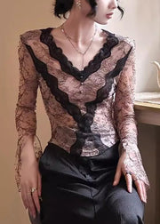 Slim Fit Pink V Neck Hollow Out Lace Top Long Sleeve