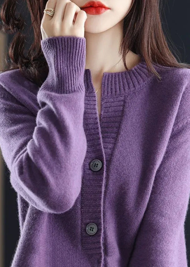 Slim Fit Purple O-Neck Button Thick Woolen Knit Coats Winter