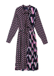 Slim Fit Purple Stand Collar Patchwork Maxi Dress Spring