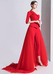 Slim Fit Red Asymmetrical Tulle Patchwork Three Pieces Set Fall